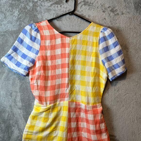 Farm Rio Colorblock Gingham Contrast Romper Size Small Linen Blend Yellow Orange - Picture 2 of 7
